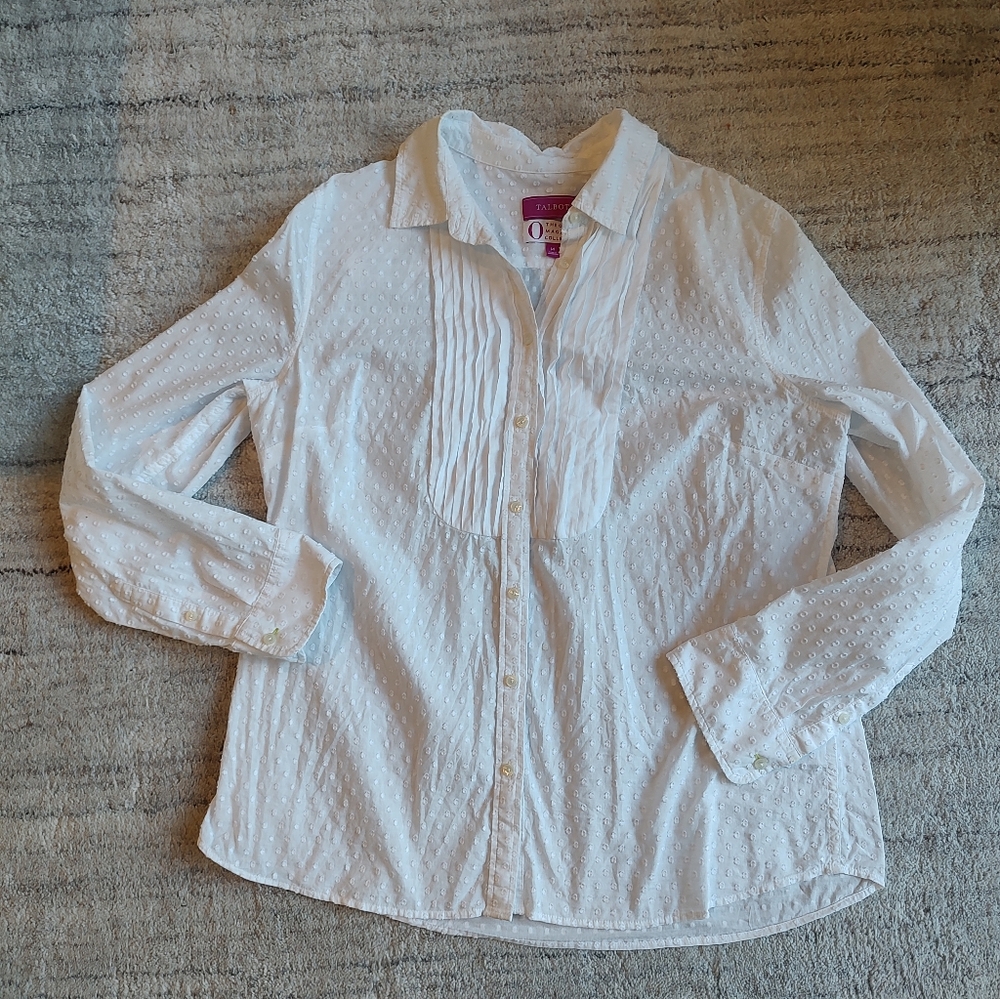Talbots The Oprah Swiss Dot Pintuck White Button Down Shirt Size 14